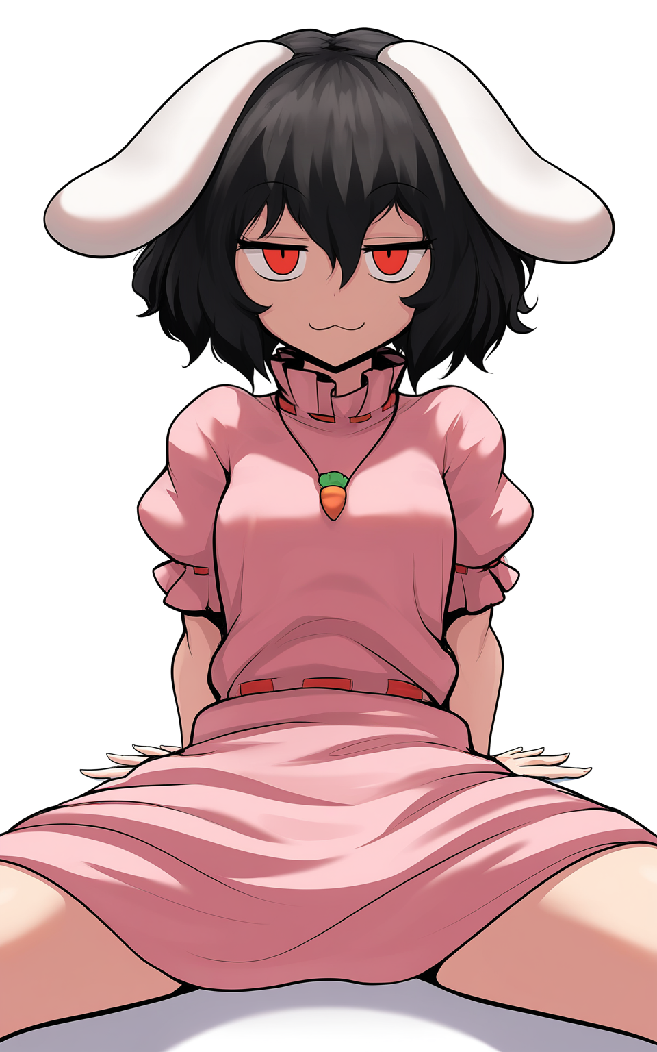 masterpiece, best quality, absurdres, highres, very awa,
<lora:Jadf v3.5 - NoobAI 1.0 V-Pred:1>
jdf,
1girl, solo, inaba tewi, sitting, spread legs, rabbit ears, black hair, short hair, hair between eyes, jitome, red eyes, looking at viewer, smug, :3, smile, white background, simple background, arm support, expressionless, red sash, belt, medium breasts, cowboy shot, straight-on, blank eyes,