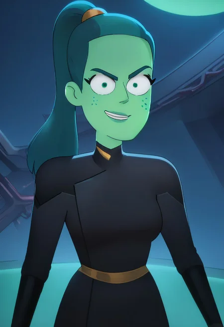score_9, score_8_up, score_7_up, derika, green hair, (((green skin, green freckles))), ponytail, big green eyes, black uniform, night, medium breasts, smirk, green eyes, standing, battle pose, holding sword, sci-fi background, dark theme, low light,