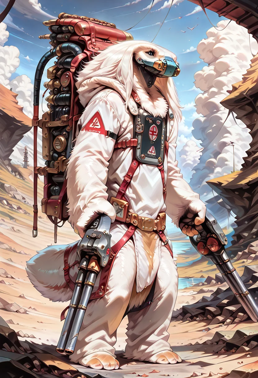 , ,masterpiece, 2d, very detailed, (best quality:1.4), amazing quality, very aesthetic, alien, MoroffSW, solo, standing, holding weapon, tech back pack, dynamic scene, white fur, fluffy body, fluffy, facemask, black eyes, no ears ,