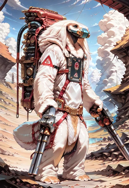 , ,masterpiece, 2d, very detailed, (best quality:1.4), amazing quality, very aesthetic, alien, MoroffSW, solo, standing, holding weapon, tech back pack, dynamic scene, white fur, fluffy body, fluffy, facemask, black eyes, no ears ,