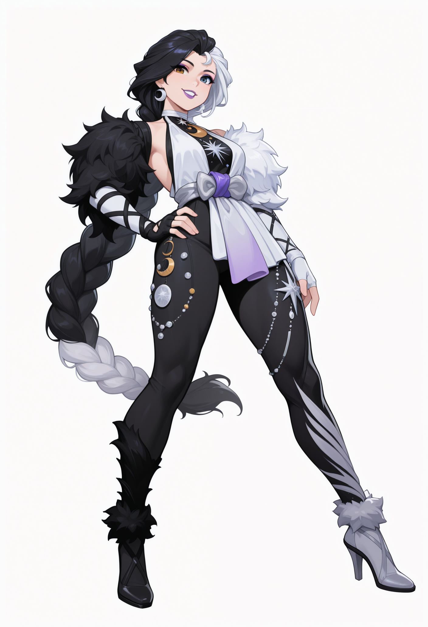 1girl, solo, white background, hand on own hip, grin, looking at viewer, 
black hair, white hair, two-tone hair, long hair, braid, heterochromia, earrings, makeup, purple lips, 
fur trim, white dress, halter dress, detached sleeves, jewelry, crescent, sash, fingerless gloves, black pants, asymmetrical clothes, high heels, 
masterpiece, best quality, <lora:Luna_SnowMR_NM-guy90-Illust-LoraV1:1>, mnrnul