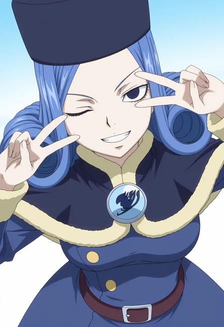 masterpiece, best quality, amazing quality, anime coloring, anime screencap, 1girl, <lora:DX888JuviaIL:1>juvia lockser, blue hair, curly hair, blue eyes, blue dress, belt, capelet, fur trim, brooch,, grin, one eye closed, BREAK v, v pose, dynamic pose, from above, white background gradient background,