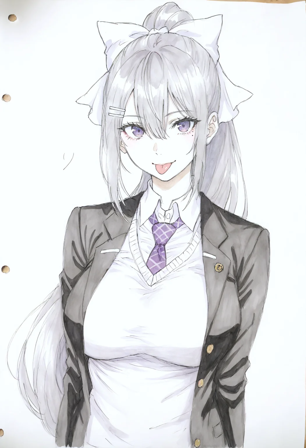 <lora:add-detail-xl:1>,masterpiece,best quality,absurdres,highres,detailed eyes,beautiful,detailed background,perfect eyes,realistic,solo,
1girl,mole under eye,mole,solo,tongue out,tongue,necktie,jacket,purple eyes,ponytail,purple necktie,bow,hair bow,:p,long hair,looking at viewer,hair ornament,hairclip,white bow,open clothes,smile,shirt,open jacket,grey hair,blazer,school uniform,black jacket,wing collar,collared shirt,large breasts,breasts,closed mouth,cardigan,white shirt,bangs,hair between eyes,sweater,very long hair,
<lora:higuchi_kaede:1>,
<lora:MagsketchStyle:1>,MagsketchStyle,monochrome,traditional media,sketch,