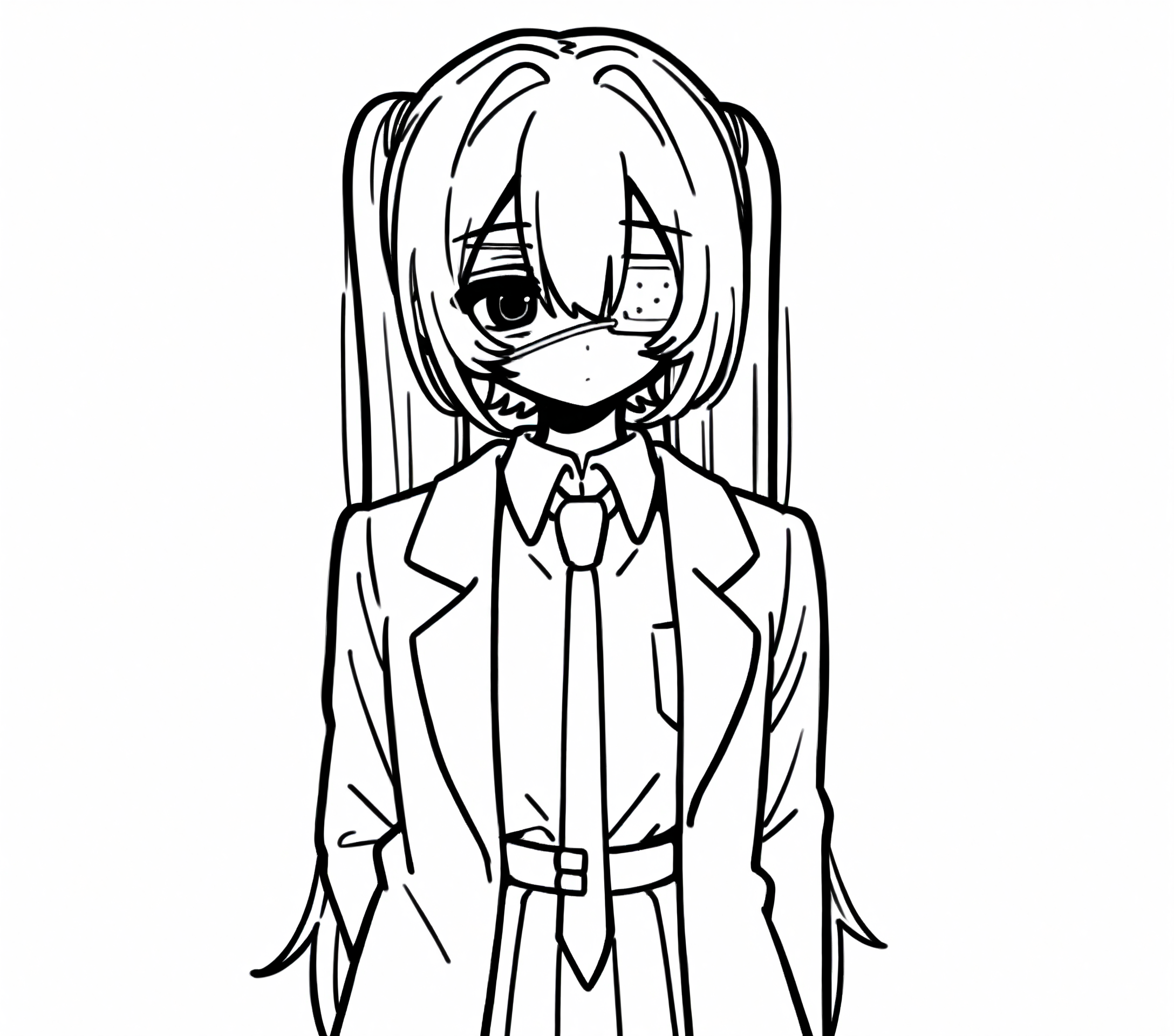 1girl, hatsune miku, hmmonitoring, solo, very long hair, twintails, bangs, hair between eyes, medical eyepatch, 
school uniform, collared shirt, necktie, jacket, open jacket, long sleeves, pleated skirt, loafers, socks,
simple background, white background, upper body,
rating safe, omufujoshi,
masterpiece, best quality, amazing quality, highres, newest,  <lora:omufujoshi:1.0> <lora:mikumonitoring-000009:1.0>