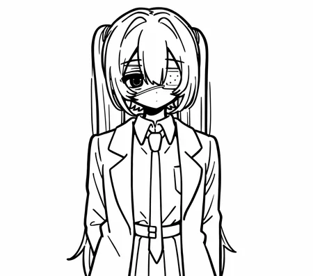 1girl, hatsune miku, hmmonitoring, solo, very long hair, twintails, bangs, hair between eyes, medical eyepatch,
school uniform, collared shirt, necktie, jacket, open jacket, long sleeves, pleated skirt, loafers, socks,
simple background, white background, upper body,
rating safe, omufujoshi,
masterpiece, best quality, amazing quality, highres, newest, <lora:omufujoshi:1.0> <lora:mikumonitoring-000009:1.0>