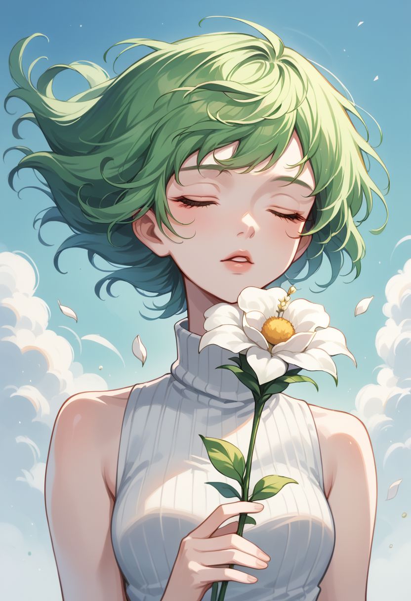 pastel style, 1girl, solo, flower, closed eyes, short hair, parted lips, sky, white flower, green hair, bare shoulders, sleeveless, holding, floating hair, blue sky, lips, wind, turtleneck, holding flower, day, cloud, soft color, soft hues, chalk, pigment, pastel color, pastel pencil technique, soft color tones, pastel painting, pastel (medium), zPDXL