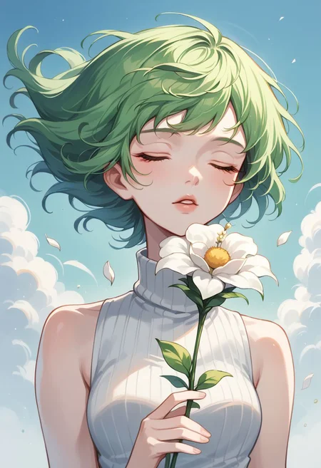 pastel style, 1girl, solo, flower, closed eyes, short hair, parted lips, sky, white flower, green hair, bare shoulders, sleeveless, holding, floating hair, blue sky, lips, wind, turtleneck, holding flower, day, cloud, soft color, soft hues, chalk, pigment, pastel color, pastel pencil technique, soft color tones, pastel painting, pastel (medium), zPDXL