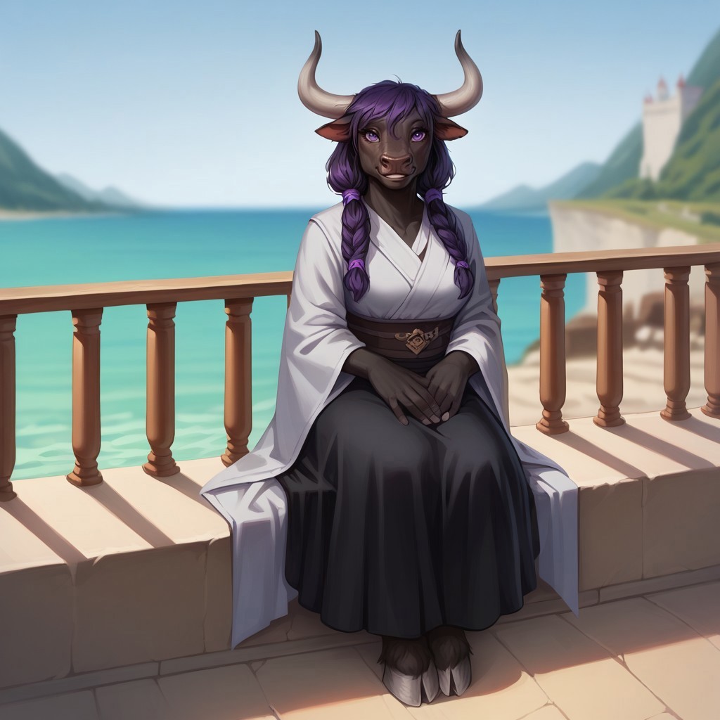 (((detailed, beautiful, high quality))), score_9, score_8_up, score_7_up, solo, full body,

minotaur, furry,

1 girl, female focus, purple eyes, black skin, dark purple hair, pigtails, long hair, gray horns, gray robe, black skirt, 

(looking at viewer:1.2), posing, smiling, 
sitting on the railing, castle balcony, sea, fantasy background, blurred background,