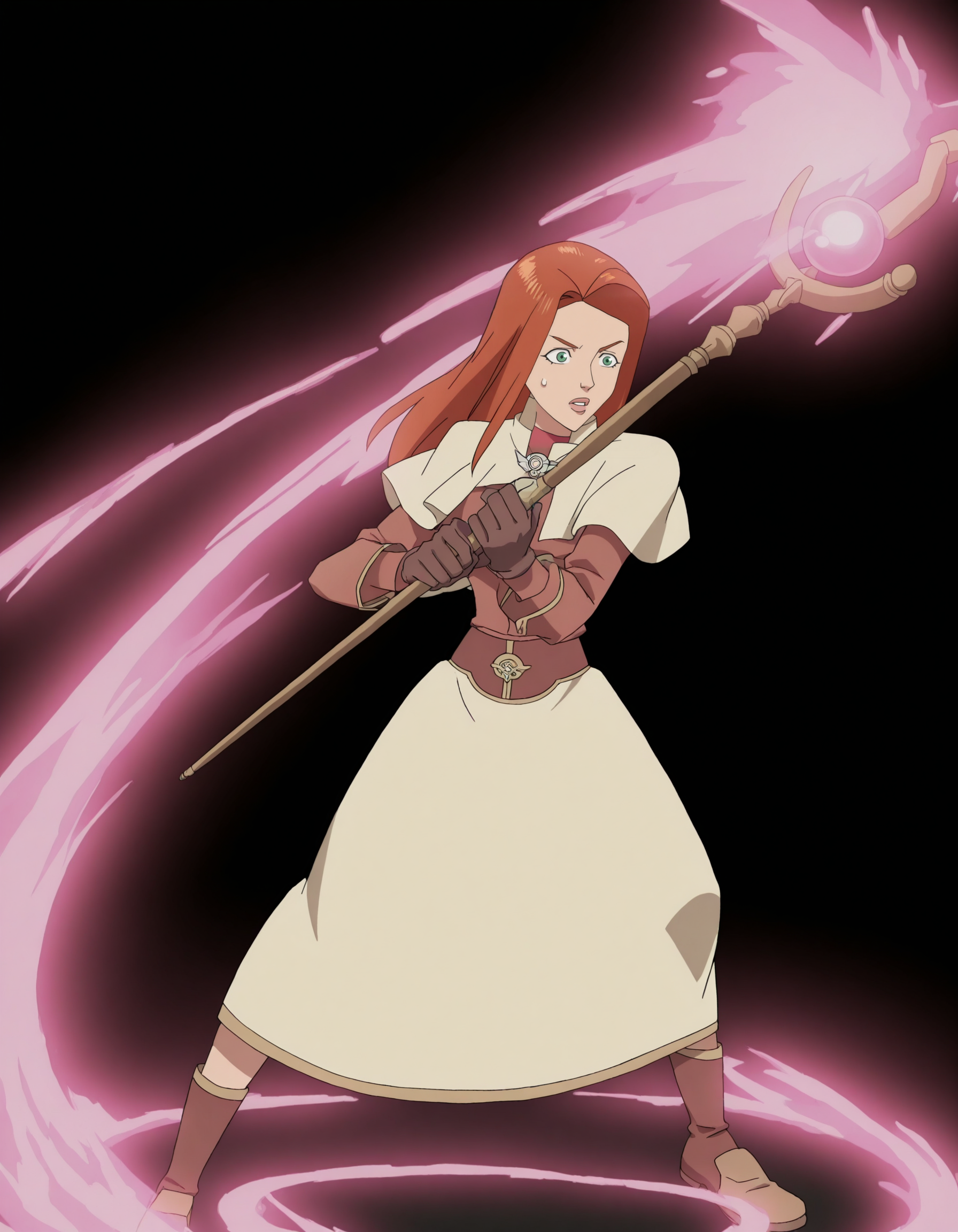 full body, solo, perfect composition, shadows, shading, <lora:feh-style-richy-v1_ixl:0.8> fehdef, <lora:anime_screencap-Illustrious:0.5> anime screencap, anime coloring, very aesthetic, absurdres, zPDXL, <lora:Pony_DetailV2.0:0.5> <lora:illustrious_quality_modifiers_masterpieces_v1:1>
<lora:2t0m3v3:1> 2t0m3v3, 1girl, long hair, female focus, focusing, sweatdrop, defined lips, dynamic pose, battle stance, holding staff, mage, pink magic, wooden staff, weapon, 
<lora:ChamFemaleAcolyteClothesIllustriousXL:1> aclytclth, white capelet, brooch, brown shirt, long sleeves, white skirt, long skirt, brown gloves, boots, 
(black background:1.2)