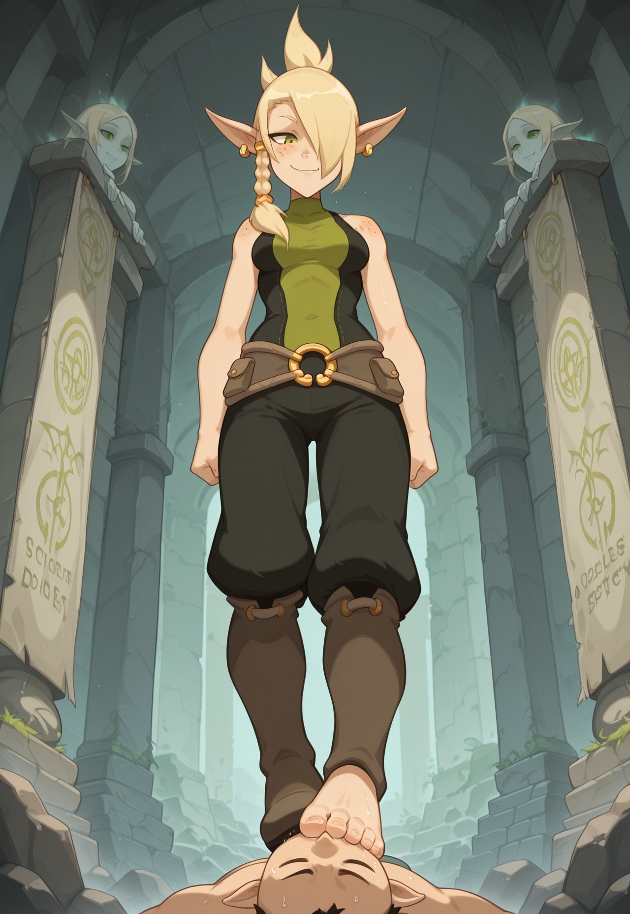 SFGFIL, foot in mouth, newest,, masterpiece, best quality, very aesthetic, HDR, ultra-detailed, anime, 748cmstyle, mythp0rt, femdom, hetero, forced, standing, from below, 
1girl, illucleo, ((pointy ears)), ((freckles)), earrings, jewelry, (blonde hair, single braid, side braid, hair over one eye), green eyes, sleeveless, bare shoulders, belt, boots, ((medium breasts)), ((ancient lost city, eternal mist, broken elemental temples, floating stone ruins, faded banners, magical runes glowing faintly, overgrown pathways, silence and whispers, time-frozen architecture, mystical energy lingering, forgotten battleground, cold wind, distant echoes, eerie light, crumbling statues, ghostly ambiance)), smelly:1.9, sweaty:1.9, steamy feet:1.9, evil smug, skindentation, skinny, rock, sitting on the rock, 
1boy, lying, Foot Sucking