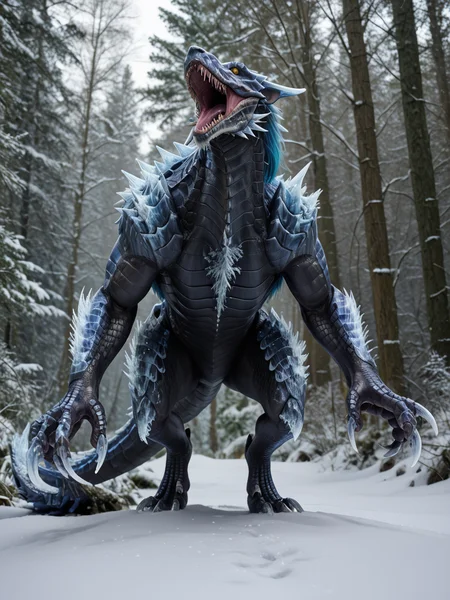 <lora:MH_Lunagaron_a1_8_PonyXL:.8>, score_9,score_8_up,score_7_up, nature photography,  (close_up shot, portrait), low angle shot, frontview, 
cropped photo,
mhlunga,solo,feral,detailed background,yellow eyes,black sclera,forest,snow,ice claws ,ice spikes,standing on hind legs, howling
hardlight , bloom, subsurface scattering, sharp hyper detailed, (shiny metallic skin:1.2), (ultra-detailed scales:1.1), bright highlights, <lora:RM_Enhancer_v1.0_bf16:.1>  <lora:p:.2> <lora:Add_More_details_SD3:.5>