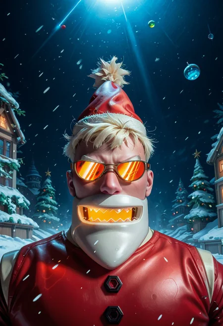 score_9, score_8_up, score_7_up, Robotic Santa Claus in sunglasses portrayed amidst a Datastream Disruption, surrounded by cascading code and digital noise. Use glitchy green and red tones to highlight the chaotic interference in the digital realm