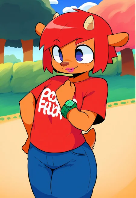 score_9, score_8_up, score_7_up, (by oughta, by dagasi), Lammy lamb(um jammer Lammy) Red hair, orange fur, short hair, anthro, horns, blue jeans, red T-shirt with white splash smiling face, pink lipstick, blue eyes, green watch, standing, sunny day, park background <lora:Lammy:.8>