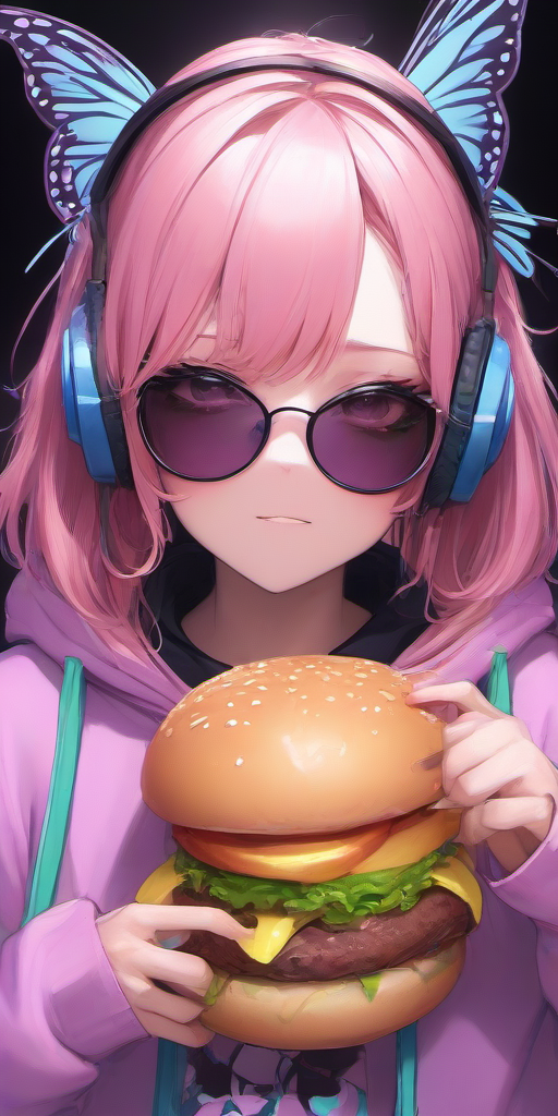 Masterpice,High Quality,portrait,anime,
 <lora:PE_ButterflyLady:0.7> PEButterflyLady, 
wearing a hoodie,headphones,sunglasses,eating a hamburger