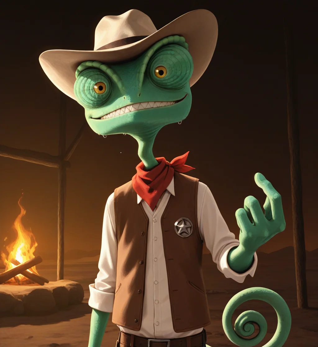 high resolution, best quality, 4k, solo, male, three-quarter view, beckoning, head tilt, hearts around head, bedroom eyes, grin, sweat, looking at viewer, (night, dark lighting, sidelighting, camp fire), desert background, <lora:Rango_-_Rango_IL:0.9> r4ng0, chameleon, green skin, bulbous eyes, scalie, yellow eyes, crooked neck, bald, tail, curled tail, sheriff badge, red kerchief, white shirt, brown vest, cowboy hat, teeth, sharp teeth, 4 fingers