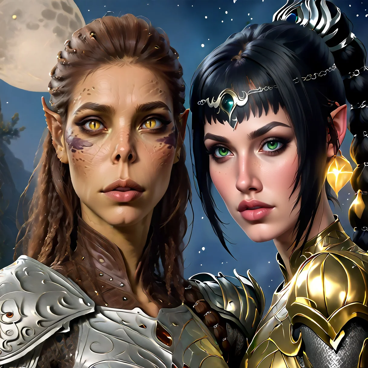 score_9,score_8_up,score_7_up,score_6_up,score_5_up,score_4_up,rating_questionable,extremely detailed,high quality,realistic,beautiful eyes,moon,night,2girls,looking at viewer
BREAK
laezel,slit pupils,armor
<lora:Laezel_PonyXL:0.7>
BREAK
shadowheart,black hair,braided ponytail,green eyes,circlet,armor
<lora:ShadowHeartXL:0.7>