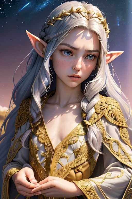 Portrait of a beautiful queen, 18yo, casting a spell, (small natural pointed ears:1.4), very long braided golden hair with silver highlights, gold circlet, (lips speaking a spell), large light grey eyes, irritated, medium breasts, (finely embroidered gossamer tunic and robe with stars design), random pose, outdoors, star filled sky, golden hour, professional hyperrealist art by Chuck Close, sharp focus, dramatic, award winning, dtx, (depth of field blurry background, blurry foreground, bokeh, (masterpiece), (extremely intricate:1.3), (hyperrealistic), HD
