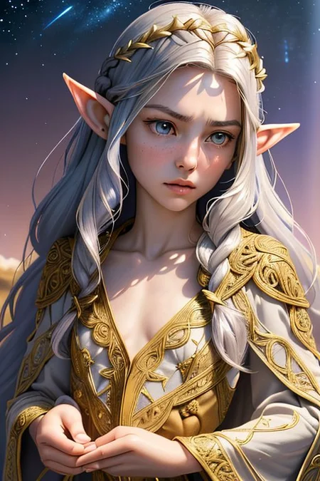 Portrait of a beautiful queen, 18yo, casting a spell, (small natural pointed ears:1.4), very long braided golden hair with silver highlights, gold circlet, (lips speaking a spell), large light grey eyes, irritated, medium breasts, (finely embroidered gossamer tunic and robe with stars design), random pose, outdoors, star filled sky, golden hour, professional hyperrealist art by Chuck Close, sharp focus, dramatic, award winning, dtx, (depth of field blurry background, blurry foreground, bokeh, (masterpiece), (extremely intricate:1.3), (hyperrealistic), HD