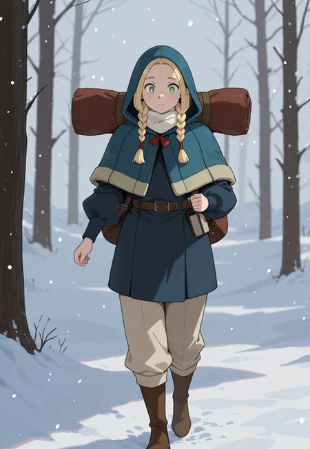 masterpiece, best quality, amazing quality, very aesthetic, absurdres, 1girl, solo, female focus, blonde hair, green eyes, WinterMarcille, HairTwinbraids, snow, outside, snowing, walking, backpack, WinterMarcille, alternate costume, blue hooded capelet, hood up, white neck warmer, blue coat, puffy long sleeves, fur-trimmed coat:1.6, brown belt, beige pants, brown boots, tree