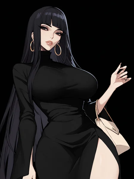 score_9, score_8_up, score_7_up, score_6_up, score_5_up, score_4_up,
BREAK
1girl, black hair, hime cut, blunt bangs, straight hair, black eyes, long eyelashes, hoop earrings,
BREAK
solo, from below, black dress, large breasts, side slit, holding purse,
BREAK
black background, dark, simple background, <lora:Lunas-Ennuigrl-SDXL-A1:1>