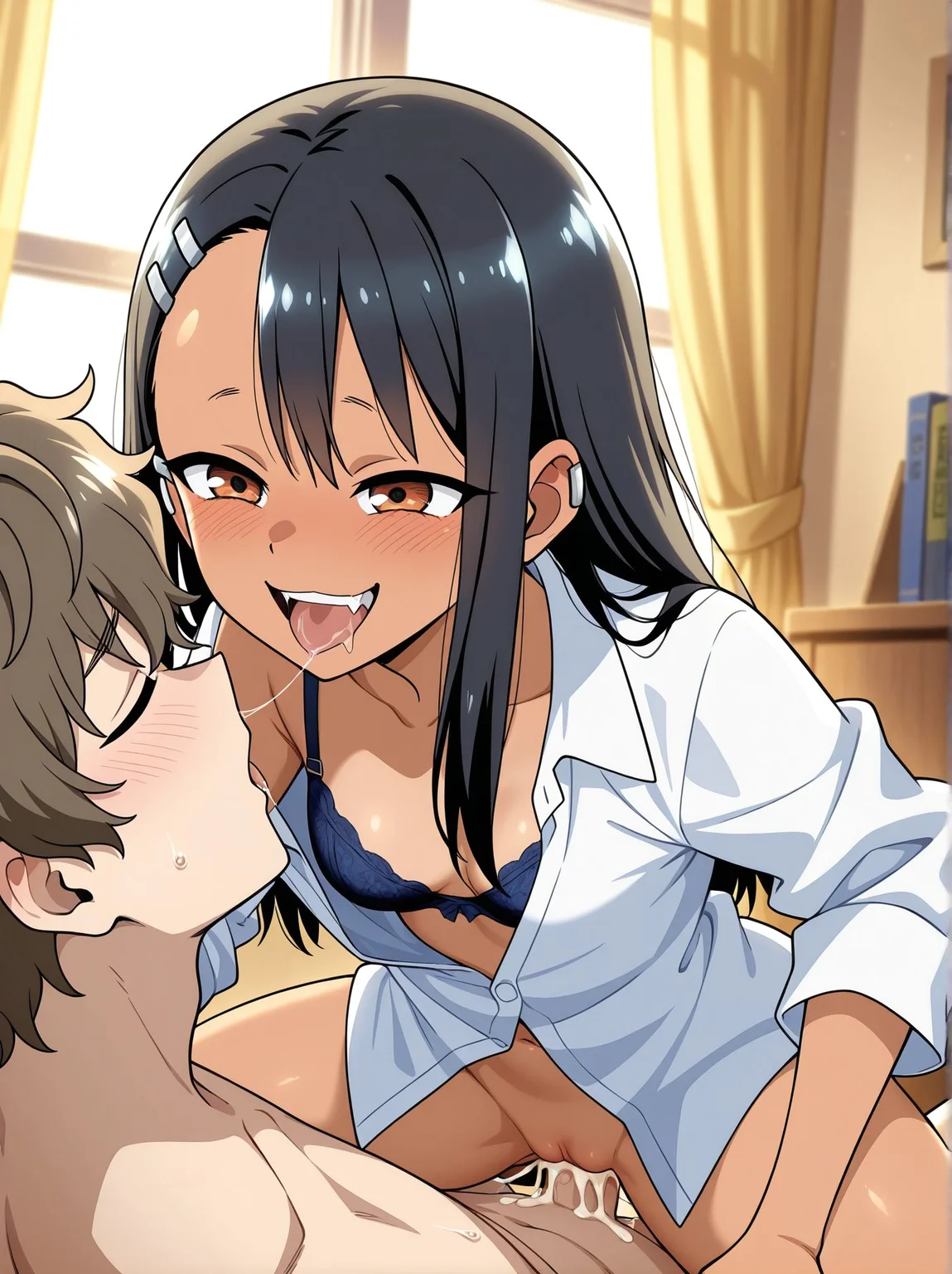 masterpiece, best quality, newest, absurdres, highres, detailed eyes, beautiful, detailed background, perfect eyes, anime coloring, anime screencap,
<lora:saliva_swapping:1> saliva_swappingV1,
1girl,hetero,1boy,underwear,bra,breasts,
closed eyes,saliva,saliva trail,bottomless,
saliva swapping,(saliva swapping), (upper body:1.3), (girl on top),
(girl spits saliva to boy),cum in pussy,
sex,cowgirl position,full body, penis,pussy,clothed female nude male,
BREAK
ijiranaide nagatoro-san,
official art,
nagatoro hayase,
hachiouji naoto,