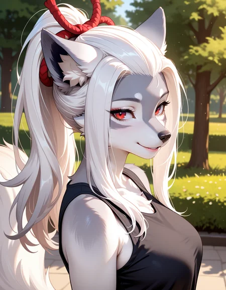 masterpiece, best quality, very aesthetic, absurdres,
outdoors, casual,
upper body, posing, headshot,
seductive smile, parted lips, long eyelashes,
<lora:Hakuro_v01_NAIXL:1>
H4kur0,1girl,solo,furry,furry female,wolf girl,white hair,long sidelocks,bangs pinned back,ponytail,red eyes,snout,animal nose,body fur,two-tone fur,grey fur,white fur,wolf tail,