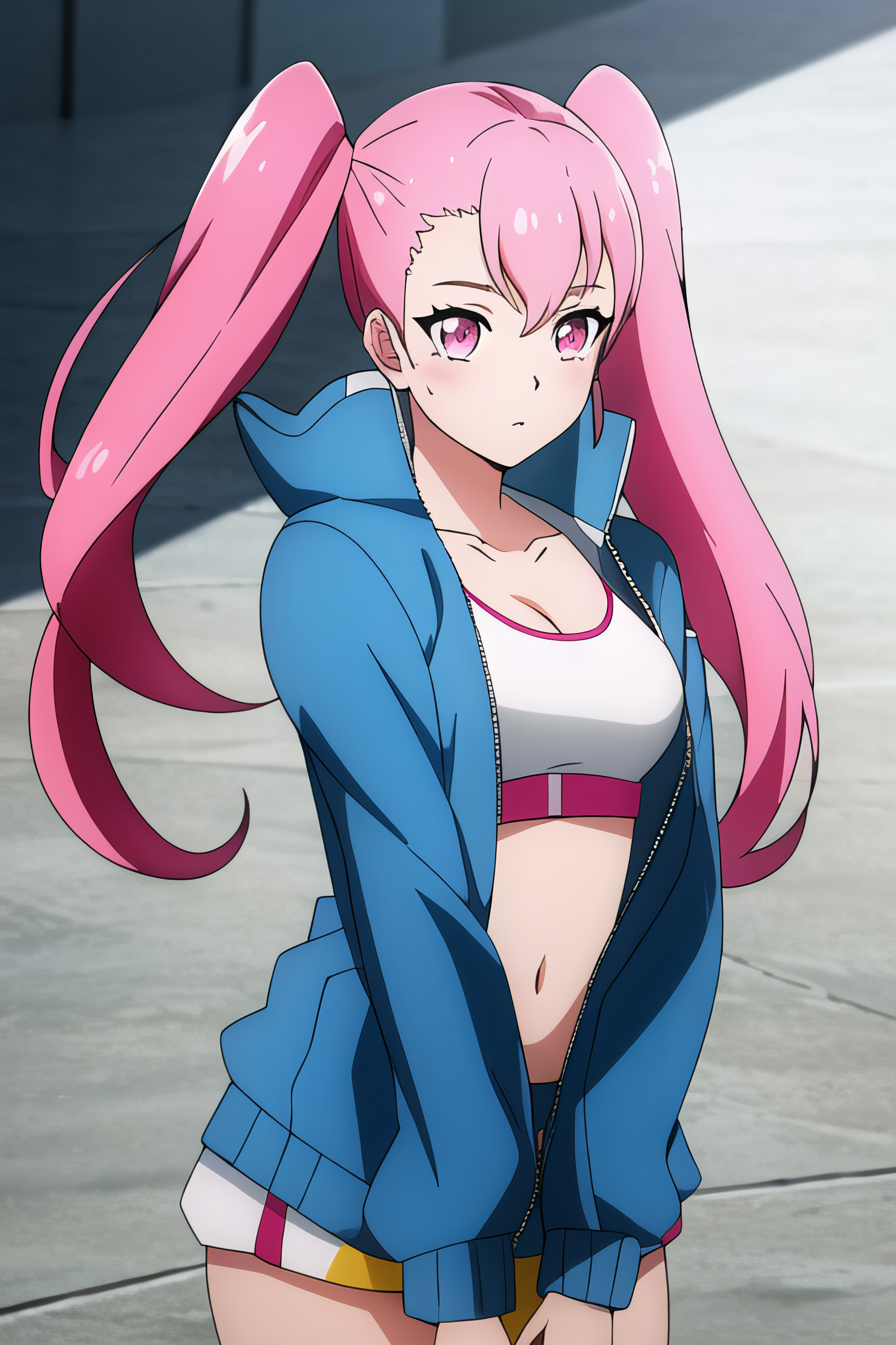<lora:ellie:1>,(ellie:1.2), pink hair, pink eyes, long hair, twintails, (bangs:0.8),  || (blue jacket:1.2), open jacket, red thigh strap,(white sports bra:1.2), shorts,  cowboy shot,, (((masterpiece, best quality, ultra-detailed, ray tracing))), deph of field, (perfect face, detailed face),shiny eyes, fair skin,((high quality face, soft skin )), (collarbone, cinematic light, cinematic shadow),