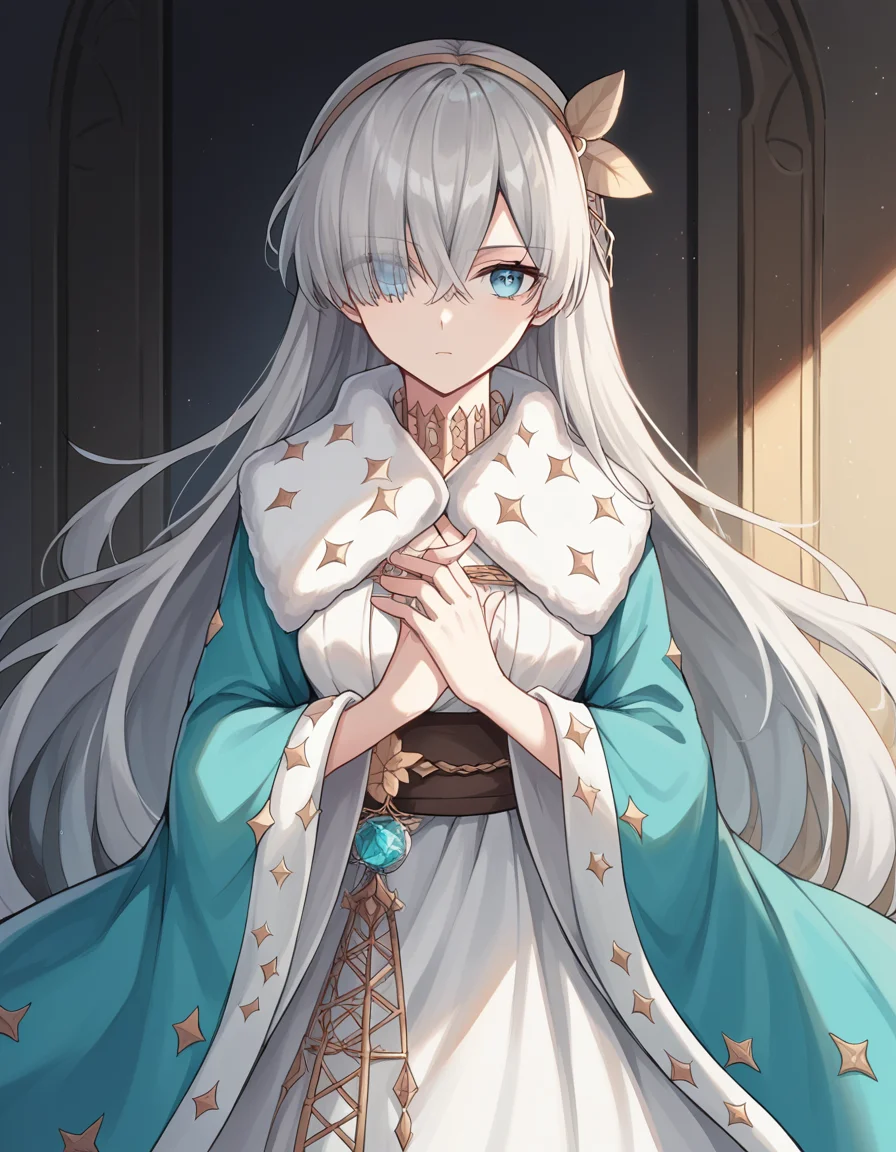 score_9, score_8_up, score_7_up, source_anime, <lora:fgo-anastasia-ponyxl-lora-nochekaiser:1>, anastasia, blue eyes, grey hair, hair between eyes, hair over one eye, long hair, bangs, medium breasts,, blue cloak, brown hairband, cloak, dress, fur trim, hairband, royal robe, sash, tachi-e, white dress, wide sleeves,, museum, art exhibit, paintings, observing, quiet contemplation, cultural experience, , , arm crossed over chest, solo,, cowboy shot, dutch angle
