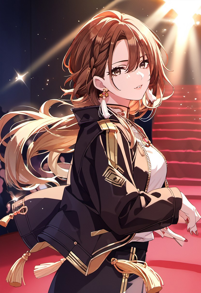 score_9, score_8_up, score_7_up, source_anime, aketa mikoto, brown hair, brown eyes, long hair, 1girl, solo, earrings, jewelry, jacket, looking at viewer, braid, stage, nail polish, tassel, tassel earrings, shirt