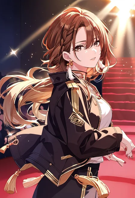 score_9, score_8_up, score_7_up, source_anime, aketa mikoto, brown hair, brown eyes, long hair, 1girl, solo, earrings, jewelry, jacket, looking at viewer, braid, stage, nail polish, tassel, tassel earrings, shirt