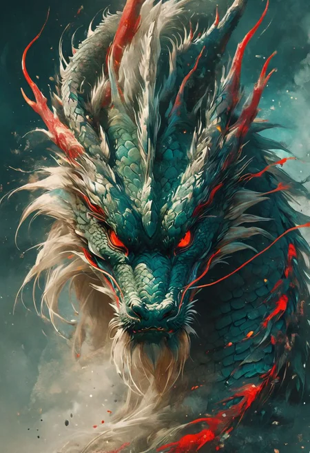 minimalism style, WLOP art style, a character worrior , facial muscles, eye light, dragon behind, cinematic foootage, fantasy, intricate details,8k post production,dark green blue red white gold tone