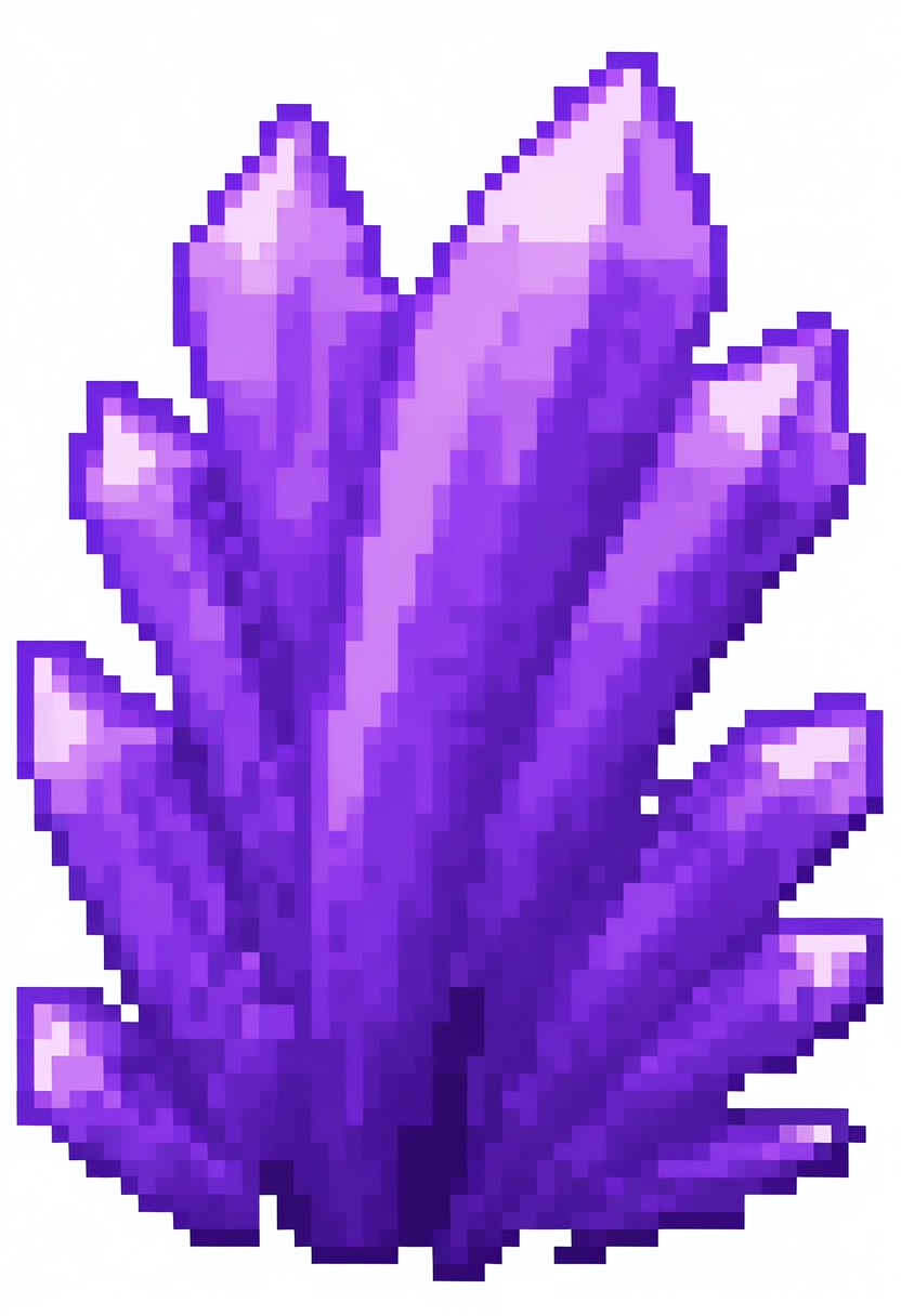 pixel, simple background, white background, purple crystal, neon crystal, particles, electrified crystal, crystal cluster