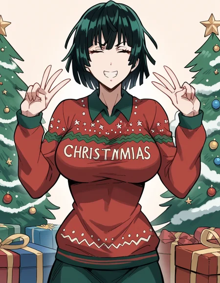 score_9, score_8_up, score_7_up, source_anime, <lora:opm-fubuki-anime-s1s2-ponyxl-lora-nochekaiser:1>, fubuki, fubuki (one-punch man), black hair, short hair, large breasts, <lora:christmas-sweater-ponyxl-lora-nochekaiser:1>, christmas sweater, christmas, ugly sweater, print sweater, red sweater, christmas tree, christmas ornaments, sweater, multicolored sweater, , v, smile, hands up, teeth, closed eyes, cowboy shot,