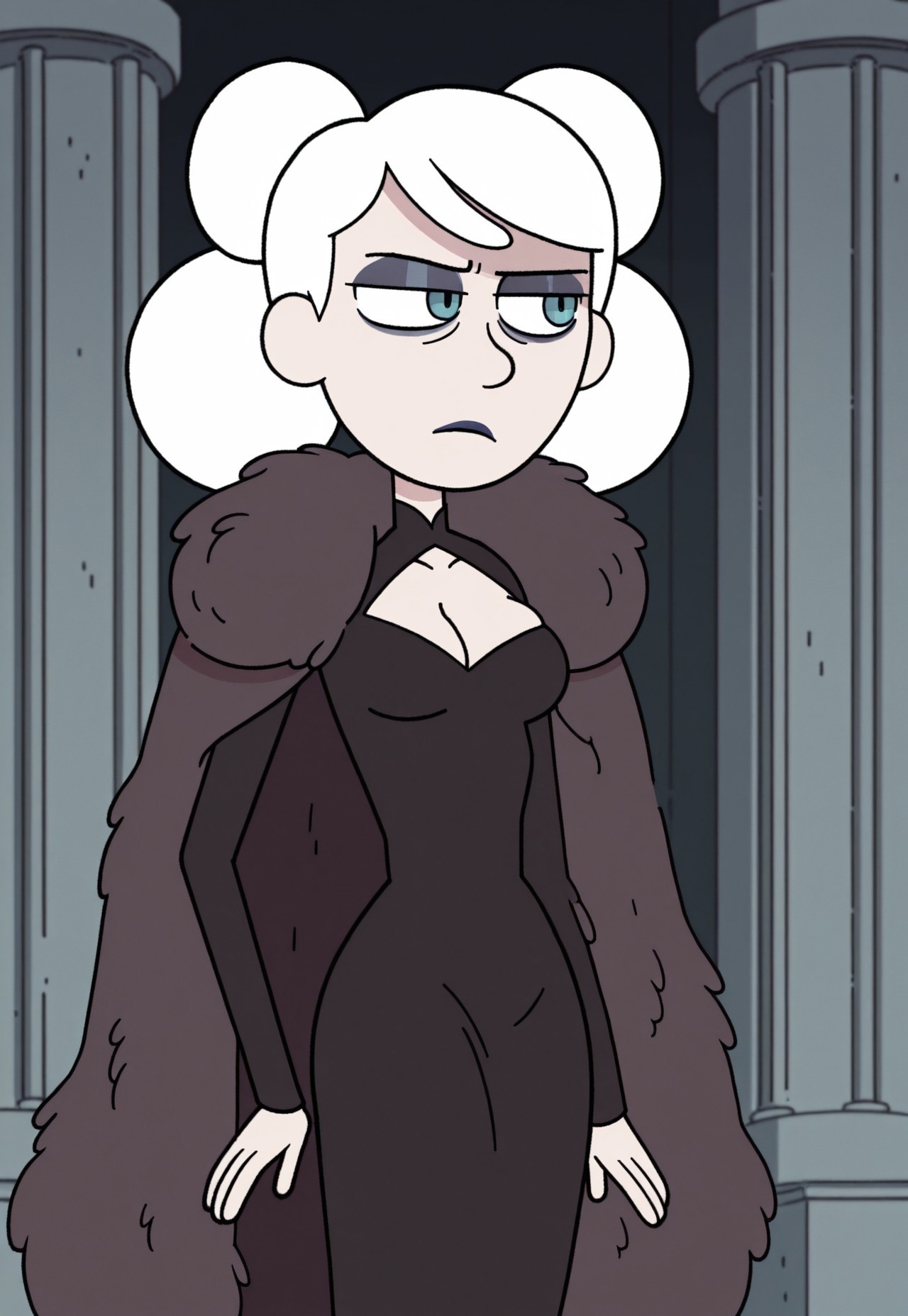 Hildstyle, 1girl, solo, breasts, slim, delicate features, sensual glare, pale skin tone, light skin, blue eyes, makeup, dark lipstick, regal dress, black dress, breasts cutout, cleavage, (white fur palantine, fur cape), white hair, two buns, medium shot,