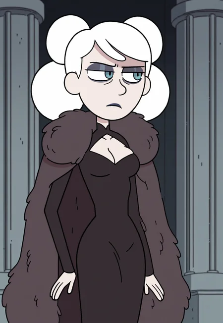 Hildstyle, 1girl, solo, breasts, slim, delicate features, sensual glare, pale skin tone, light skin, blue eyes, makeup, dark lipstick, regal dress, black dress, breasts cutout, cleavage, (white fur palantine, fur cape), white hair, two buns, medium shot,