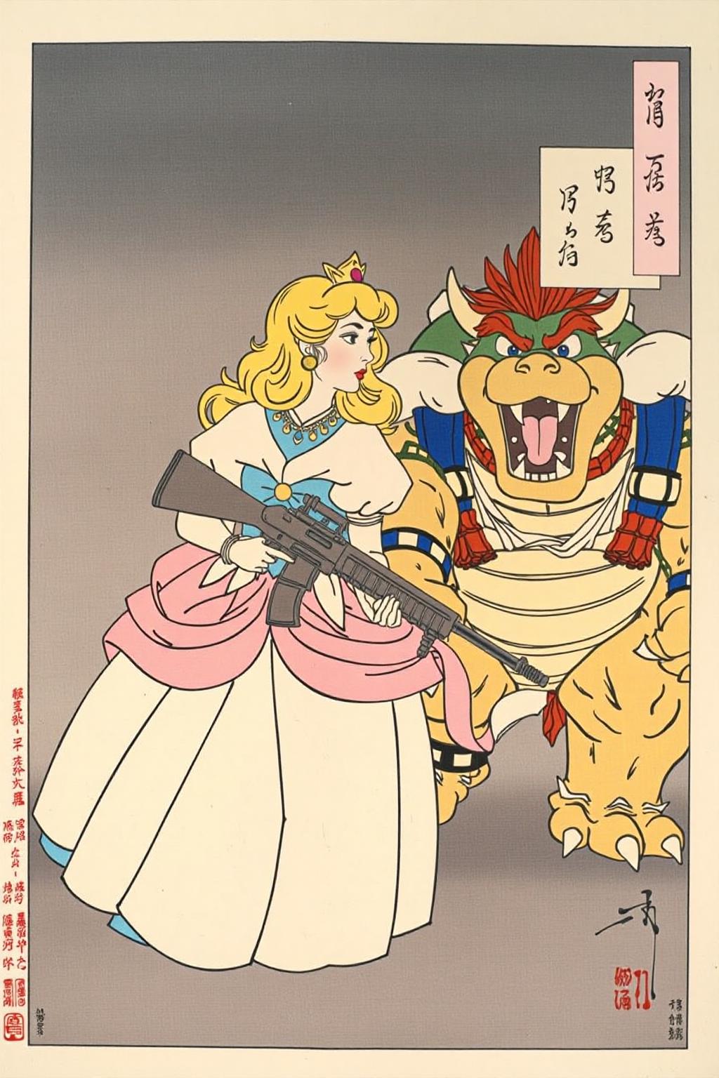 tsukioka1 Japanese woodblock print ukiyo-e. Princess Peach and Bowser, Princess peach is holding machine gun. Bowser is shouting. epic, masterpiece composition, movement, <lora:schnell_v1.0:1.0> <lora:tsukioka_ukyo-e4_nocap_d8a4:1.0><lora:798024947017505421:0>