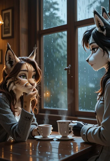 female furry with female furry, 2girls, duo, café terrace on a rainy day, gentle and melancholic atmosphere, husky furry and lynx furry, deep in thought, warm beverages steaming on the table, husky furry with thick black and white fur, wearing a gray coat, resting her chin on her palm, gazing at the rain outside with a soft expression, lynx furry with tufted ears, golden-brown fur, and piercing green eyes, stirring her tea absentmindedly, her expression unreadable, raindrops streaking the window behind them, neon reflections shimmering in puddles, cinematic mood, soft focus, high detail, intimate close-up.