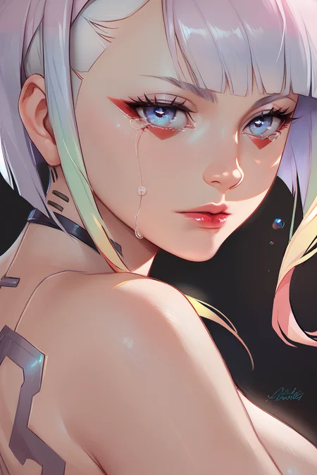 score_9,score_8_up,score_7_up,
<lora:Lucy_Pony:1>,
lucyna,fanart,art style: eye close-up,eye details,(beautiful detailed eyes:1.3),solo,1girl,close-up,bangs,looking at viewer,makeup,portrait,lucy,(cyberpunk),white hair,closed mouth,lips,fingernails,eyelashes,red lips,
blunt bangs,multicolored eyes,eyeliner,red eyeliner,blue eyes,lipstick,black background,tears,