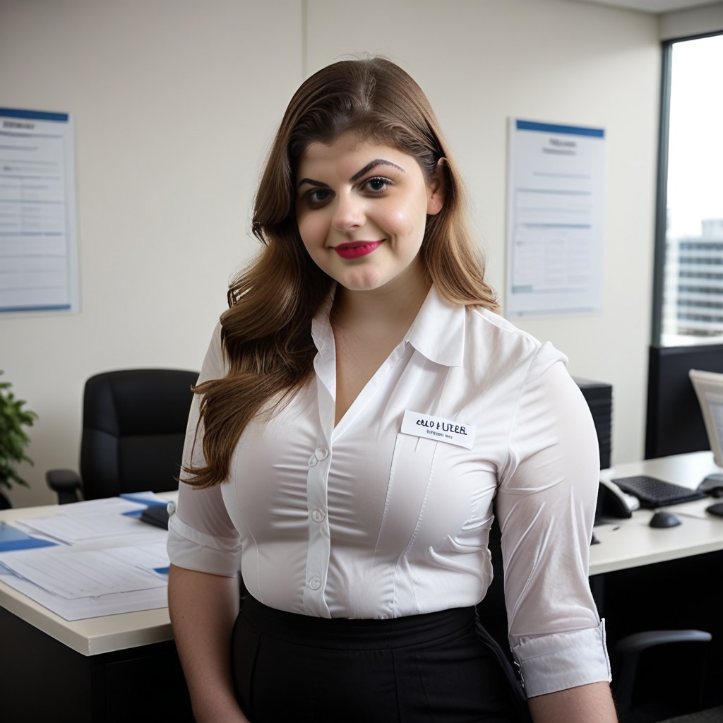 PaulaBr33n greeting the viewer at an office.