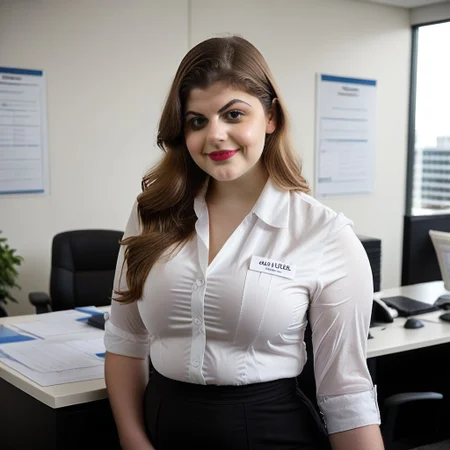 PaulaBr33n greeting the viewer at an office.