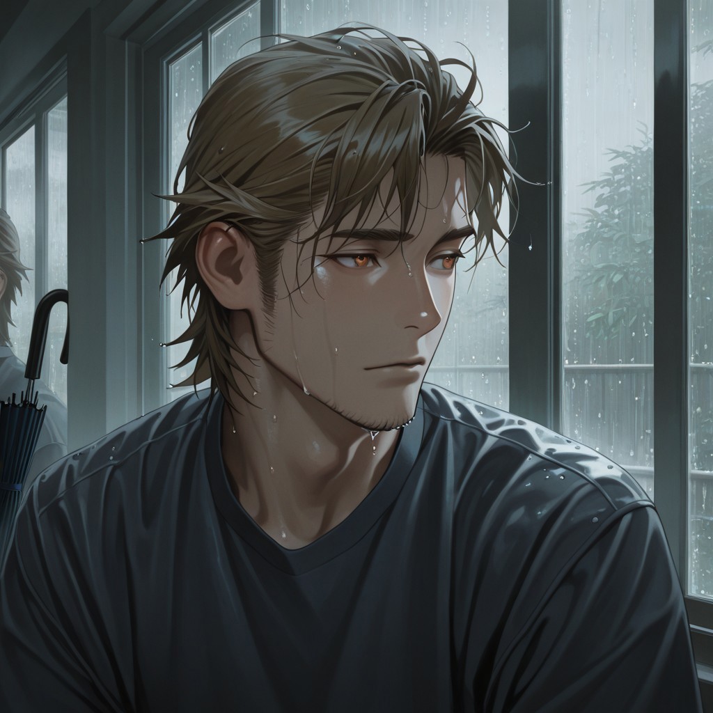 masterpiece, best quality, amazing quality, absurdres, newest, detailed background, definition so sharp, Ultra-HD, 8K cinematic, very awa, impressionate, amazing quality, highres, 
solo, male focus, manly, shadow, shiny skin,
ekusoushizumu, ekusou_brunette, ekusou_orange eyes, 1boy, short hair, sideburns, stubble, rainy_day, window_pane, raindrops, wet_hair, reflections, muted_colors, calm, peaceful, indoors, looking_out_window, umbrella, puddles, soft_light