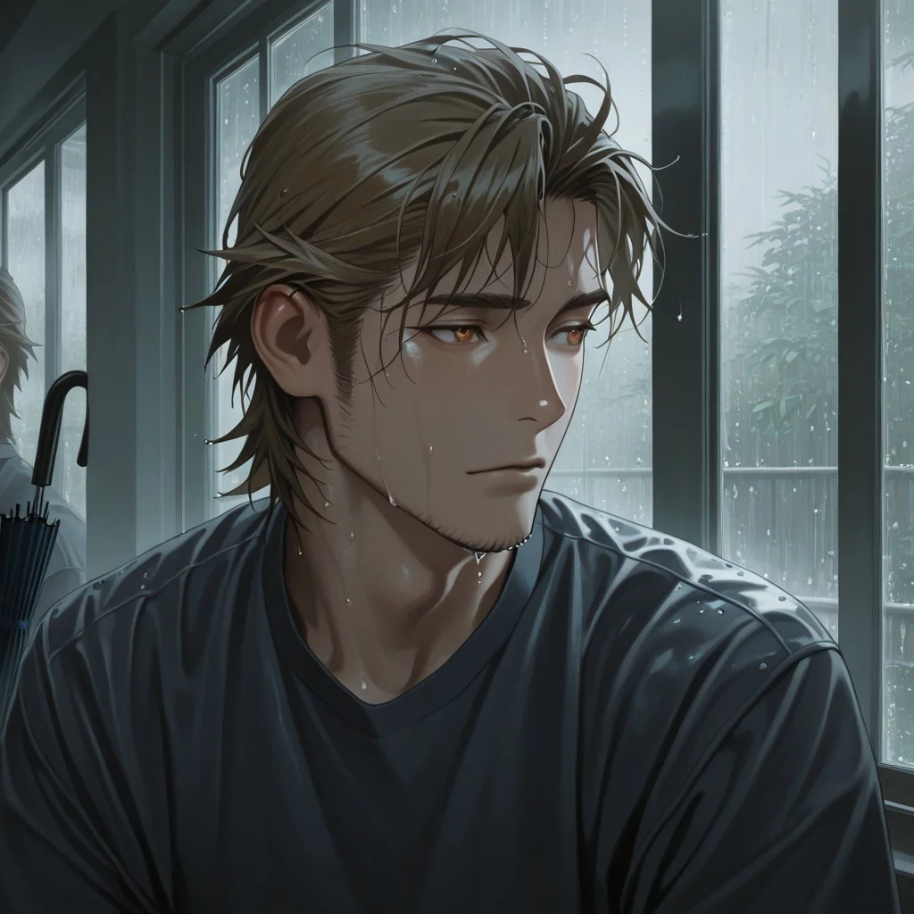 masterpiece, best quality, amazing quality, absurdres, newest, detailed background, definition so sharp, Ultra-HD, 8K cinematic, very awa, impressionate, amazing quality, highres,
solo, male focus, manly, shadow, shiny skin,
ekusoushizumu, ekusou_brunette, ekusou_orange eyes, 1boy, short hair, sideburns, stubble, rainy_day, window_pane, raindrops, wet_hair, reflections, muted_colors, calm, peaceful, indoors, looking_out_window, umbrella, puddles, soft_light