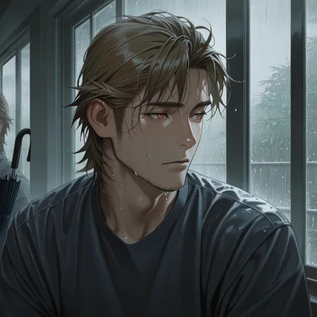 masterpiece, best quality, amazing quality, absurdres, newest, detailed background, definition so sharp, Ultra-HD, 8K cinematic, very awa, impressionate, amazing quality, highres,
solo, male focus, manly, shadow, shiny skin,
ekusoushizumu, ekusou_brunette, ekusou_orange eyes, 1boy, short hair, sideburns, stubble, rainy_day, window_pane, raindrops, wet_hair, reflections, muted_colors, calm, peaceful, indoors, looking_out_window, umbrella, puddles, soft_light