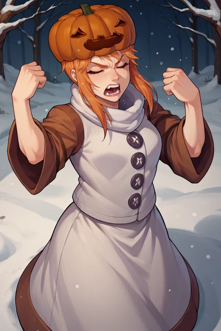 score_9, score_8_up, score_7_up, score_6_up, source_anime BREAK 1girl, solo  <lora:mcsnowgolem-pdxl-nvwls-v1-000005:1> sgolem, pumpkin hat, white coat, orange sleeves, white skirt, buttons, closed eyes, serious, yelling, fists, fighting stance, snow, hands up