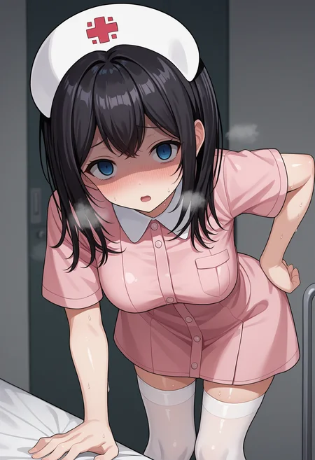 score_9, score_8_up, score_7_up, source_anime, rating_explicit,
BREAK
1girl, solo,
<lora:shiYumenaIshikawaV1:1>, shinishikawa,
long hair, hair between eyes, blue eyes, empty eyes,
pink shirt, black hair, white headwear,
nurse cap, nurse, short sleeves, pink dress, thighs, legs, standing, white thighhighs,
medium breasts, shiny skin,
looking at viewer, blush, aroused, sweat,
leaning forward, pointing at viewer, hand on own hip, shaded face, open mouth, heavy breathing,