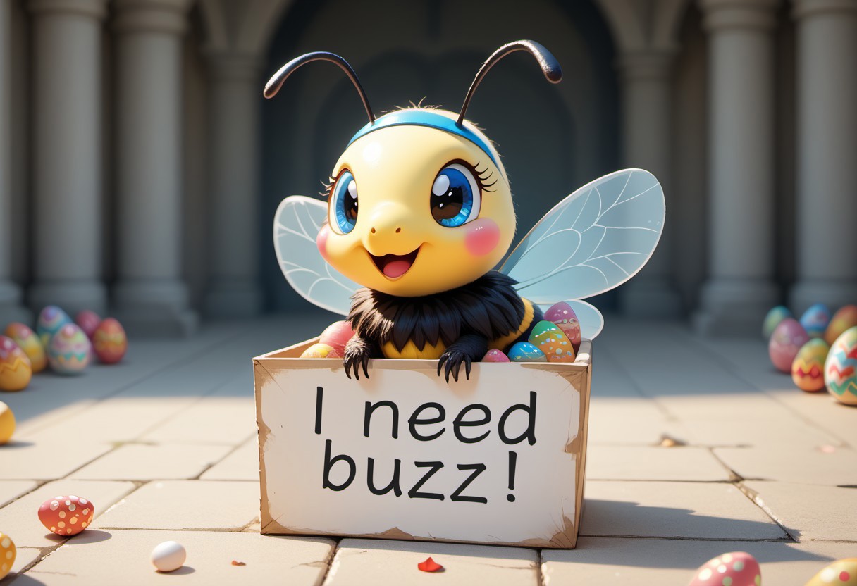 masterpiece, score_9_up, score_8_up, score_7_up, score_6_up, source_furry, (best quality:1.1), ultra-detailed, high resolution, highly detailed macro illustration, solo BREAK 1girl,, feral, bee female,  blue eyes, BREAK wearing a bunny headband, BREAK need_buzz, holding sign, sitting in an easter basket, BREAK sharp focus, perfect lighting, anatomically correct, extremely detailed, tranquil setting, high detail, Expressiveh, happy, content, detailed background, OverallDetail, zPDXL3
