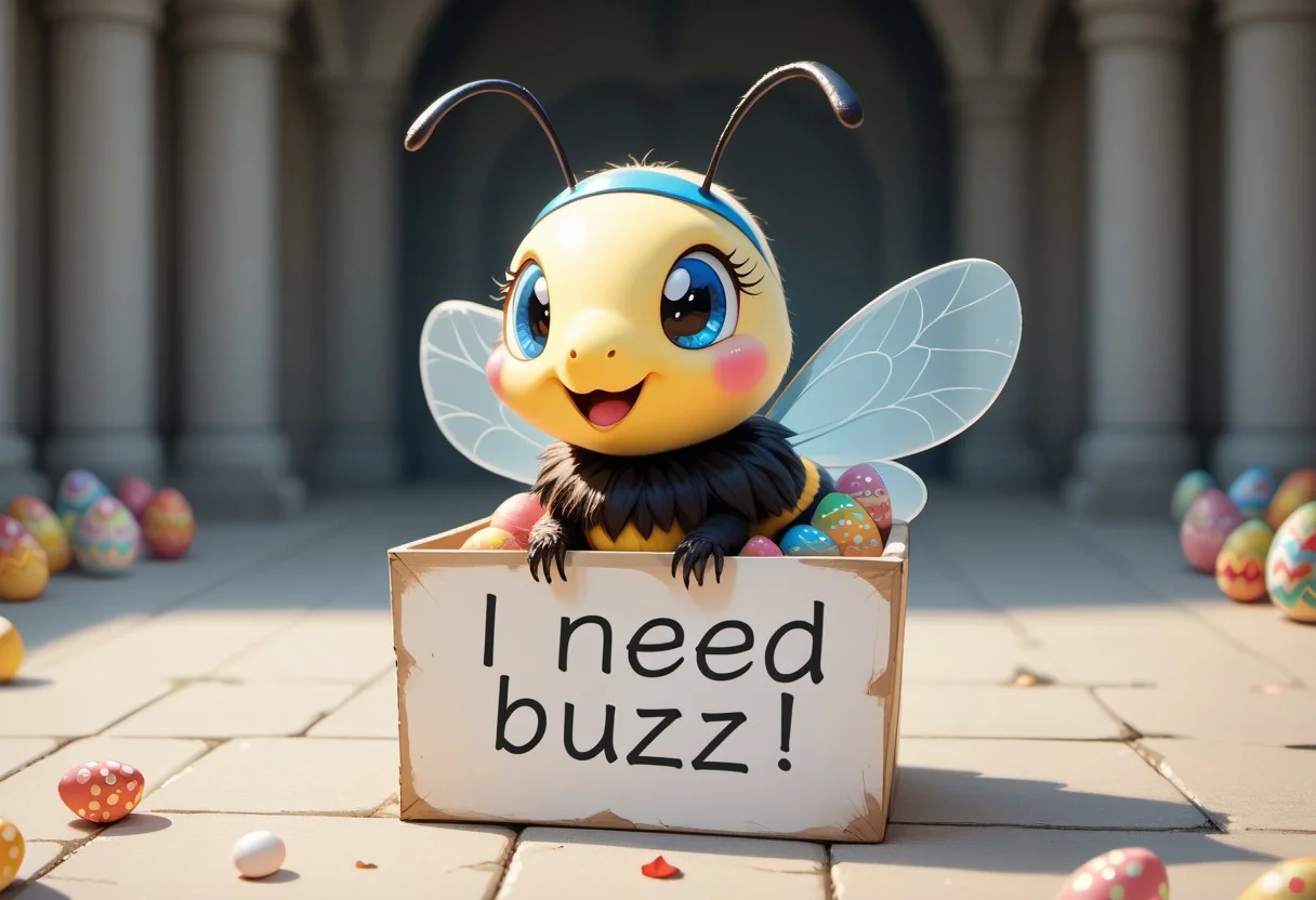 masterpiece, score_9_up, score_8_up, score_7_up, score_6_up, source_furry, (best quality:1.1), ultra-detailed, high resolution, highly detailed macro illustration, solo BREAK 1girl,, feral, bee female, blue eyes, BREAK wearing a bunny headband, BREAK need_buzz, holding sign, sitting in an easter basket, BREAK sharp focus, perfect lighting, anatomically correct, extremely detailed, tranquil setting, high detail, Expressiveh, happy, content, detailed background, OverallDetail, zPDXL3