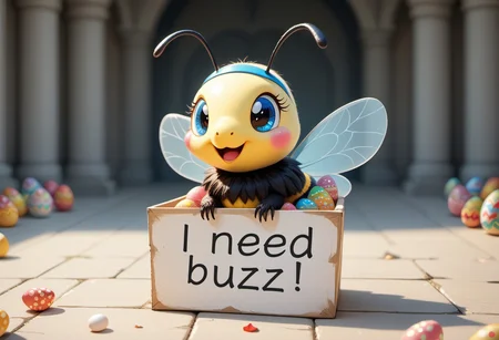 masterpiece, score_9_up, score_8_up, score_7_up, score_6_up, source_furry, (best quality:1.1), ultra-detailed, high resolution, highly detailed macro illustration, solo BREAK 1girl,, feral, bee female,  blue eyes, BREAK wearing a bunny headband, BREAK need_buzz, holding sign, sitting in an easter basket, BREAK sharp focus, perfect lighting, anatomically correct, extremely detailed, tranquil setting, high detail, Expressiveh, happy, content, detailed background, OverallDetail, zPDXL3