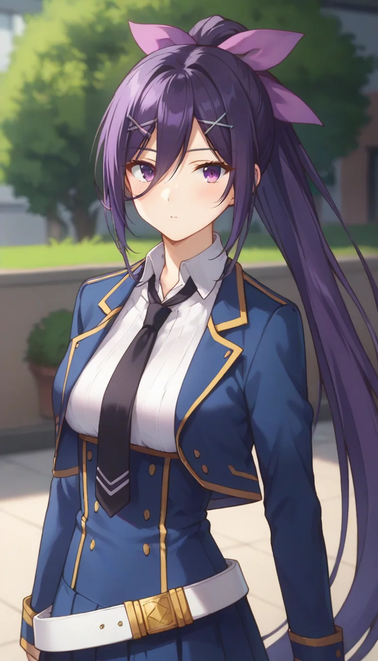 score_9,score_8_up,score_7_up,score_6_up BREAK official art,1girl,solo,outdoors,upper body,(portrait:1.5),looking at viewer,facing viewer,expressionless,blush,Mind Control Squadmate 2,very long hair,purple hair,high ponytail,hair ribbon,purple ribbon,hair bow,hairclip,x hair ornament,hair between eyes,bangs,purple eyes,blue jacket,cropped jacket,open jacket,wing collar,short necktie,black necktie,white shirt,collared shirt,dress shirt,long sleeves,medium breasts,double-breasted,white belt,long skirt,blue skirt,high-waist skirt,pleated skirt,frilled skirt,black pantyhose,loafers,black footwear,<lora:Mind Control Squadmate 2(sgmt)-Pony:1.4>,