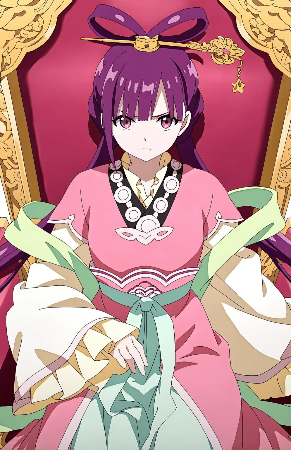 RenKougyoku. 1girl, long hair, purple hair, twintales, bangs, hair ornament, hair rings, hair stick, pink eyes, chinese clothes, hanfu, long sleeves, wide sleeves, yellow sleeves, looking at viewer, sitting on throne, scowl